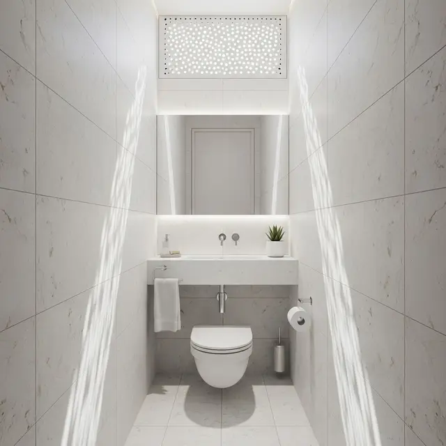 Desain Kamar Mandi Kecil Lebar 1 Meter dengan Roster dan Batu Alam (Image by Gemini AI)