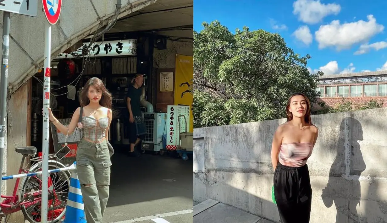 Gaya jalanan modis, Fuji pilih plaid tank top dan jogger pants. Sementara Aaliyah pakai tube top dan celana kulot hitam. [@fuji_an/@aaliyah.massaid]