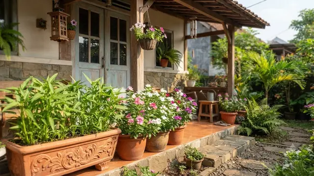 Inspirasi Taman Teras dengan Bunga Hias dan Sayuran Daun