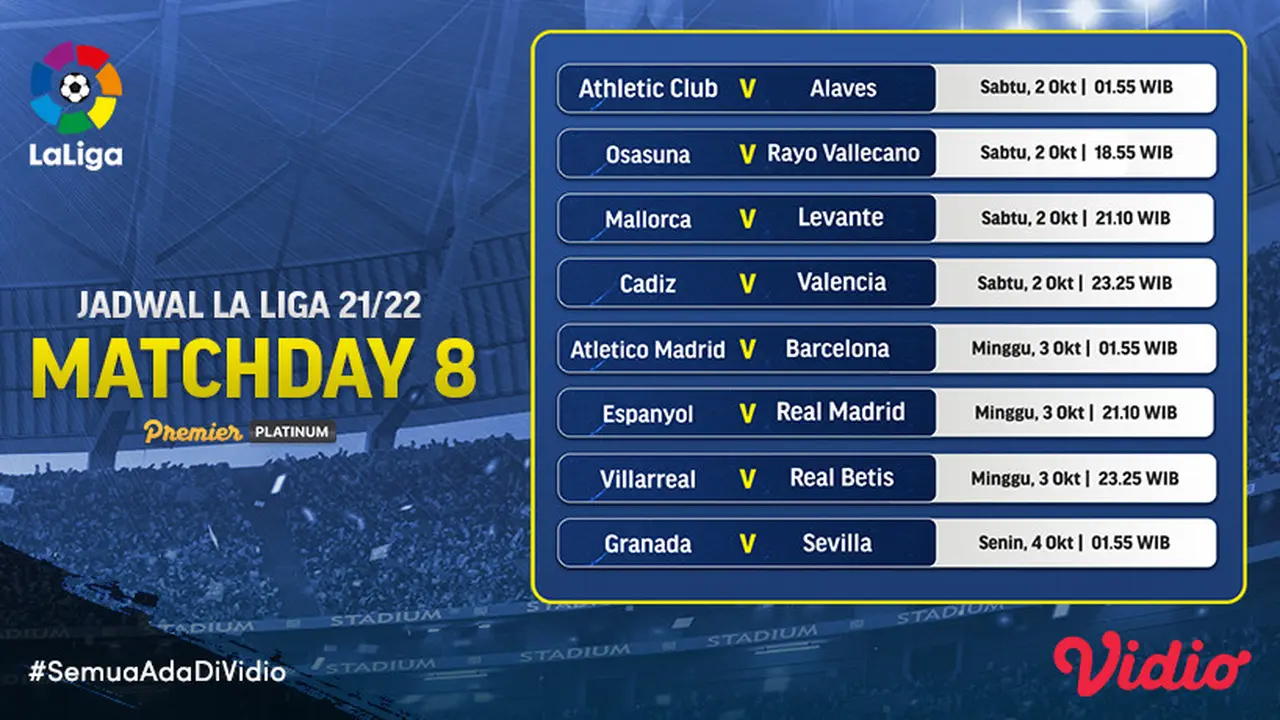 Jadwal dan Live Streaming Liga Spanyol 2021 / 2022 Machtday 8 di Vidio, 2-4 Oktober 2021