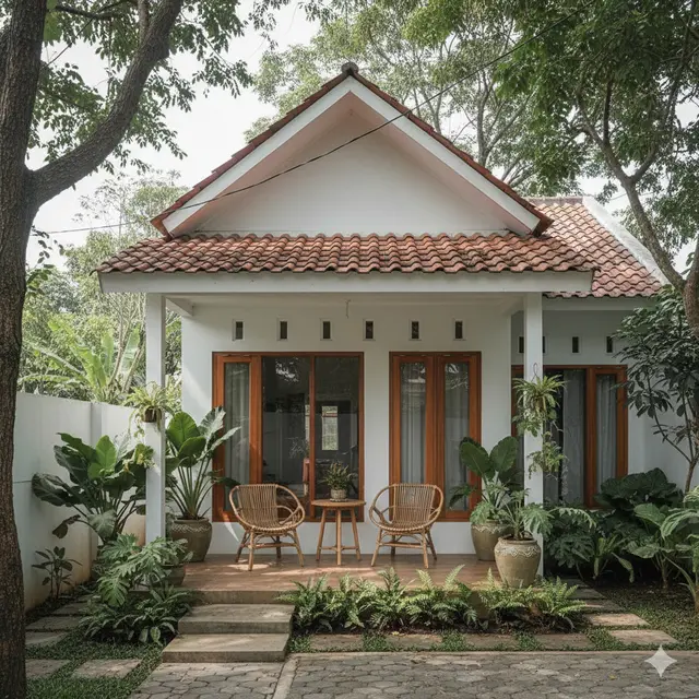 Model Rumah Kecil Tapi Luas dengan Tanaman Daun Lebar di Teras Depan
