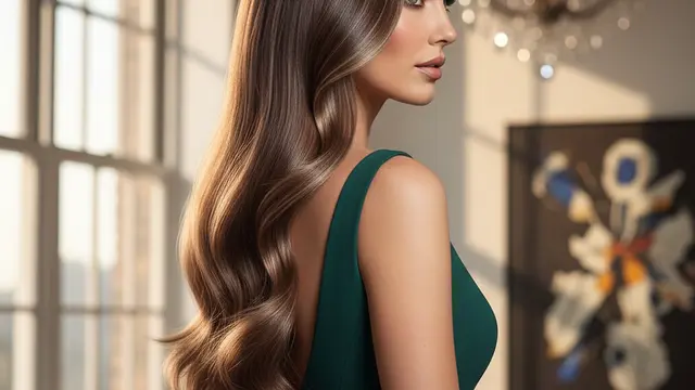 Ultra Long Hair dengan Waves dan Warna Berkilau Seperti Platinum/Molten Brown Balayage