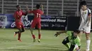 Striker Timnas Indonesia U-16, Ruy Arianto, merayakan gol yang dicetaknya ke gawang Brunei Darussalam pada laga babak Kualifikasi Piala AFC U-16 2020 di Stadion Madya, Jakarta, Jumat (20/9). Indonesia menang 8-0 atas Brunei. (Bola.com/Yoppy Renato)