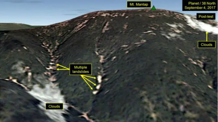 Sejumlah tanah longsor di Gunung Mantap yang tertangkap citra satelit pasca Korea Utara melncarkan uji cobabom hidrogen. (Planet/38 North)