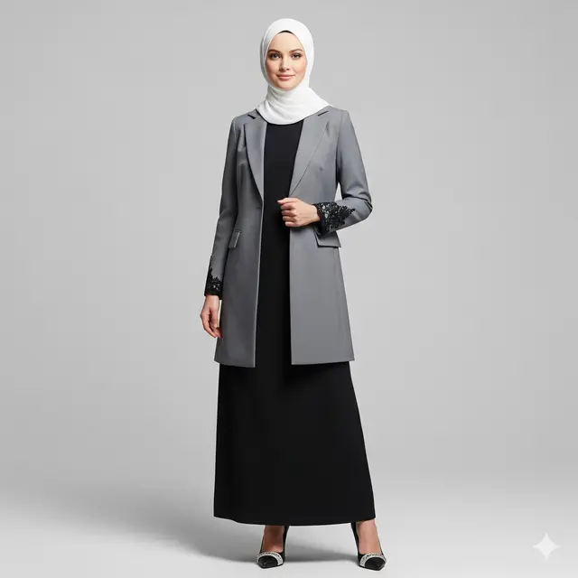 Inspirasi Long Dress Muslim Polos Kombinasi Blazer Formal. (via Gemini)