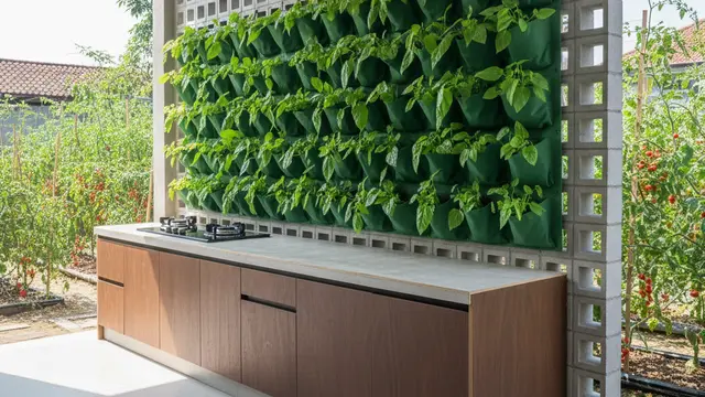 Inspirasi Desain Dapur Semi Terbuka Menyatu dengan Kebun Sayur Mini. AI