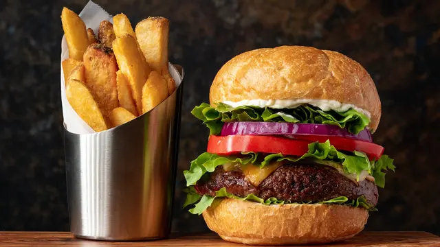 Ilustrasi makanan cepat saji, hamburger, kentang goreng