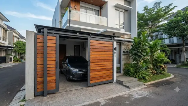 Pintu Pagar Geser Kombinasi Besi dan Kayu (AI Generated)
