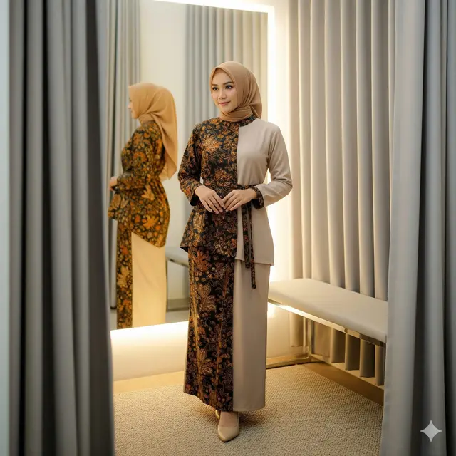 Gamis Batik Kombinasi Polos dengan Aksen Belt