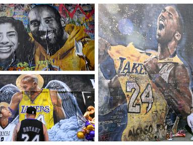 Satu tahun berlalu saat kepergian bintang basket NBA LA Lakers, Kobe Bryant bersama putrinya, Gianna dalam sebuah kecelakaan helikopter di Los Angeles, California, 26 Januari 2020. Karya seni berupa lukisan mural dipersembahkan untuk mengenang sang bintang. (Kolase Foto AFP)