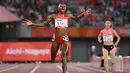 Pelari Bahrain Winfred Yavi bereaksi setelah memenangi final 10.000 meter putri pada Asian Games 2026 di Nagoya, Jepang, Kamis (24/9/2026). (MOHD RASFAN / AFP)