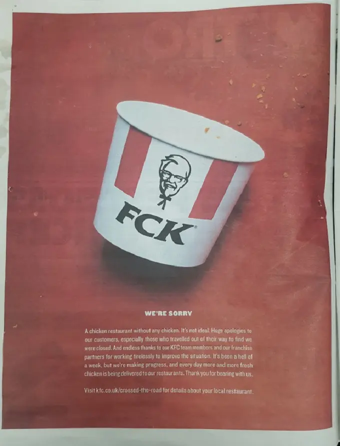 Poster permintaan maaf KFC karena resep ayam goreng hot and spicy beredar di eBay. (dokumentasi KFC)
