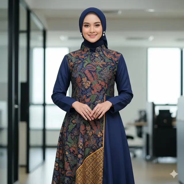 Gamis Batik Kombinasi Polos Kerah Shanghai