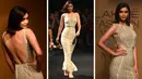 Foto kolase aktris Bollywood Diana Penty saat mengenakan kreasi desainer Pallavi Mohan pada hari pertama FDCI x Lakme Fashion Week di Mumbai pada 12 Oktober 2022. (AFP/Punit Paranjpe)