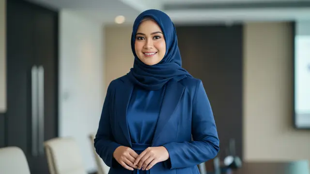 Gamis Satin Flowy dengan Outer Blazer Tipis Warna Senada