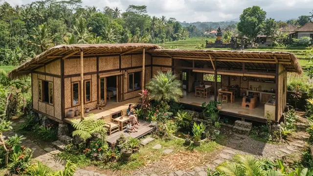 Model rumah bambu yang sederhana tapi bikin betah yang hadirkan nuansa perdesaan desain L dengan halaman tengah