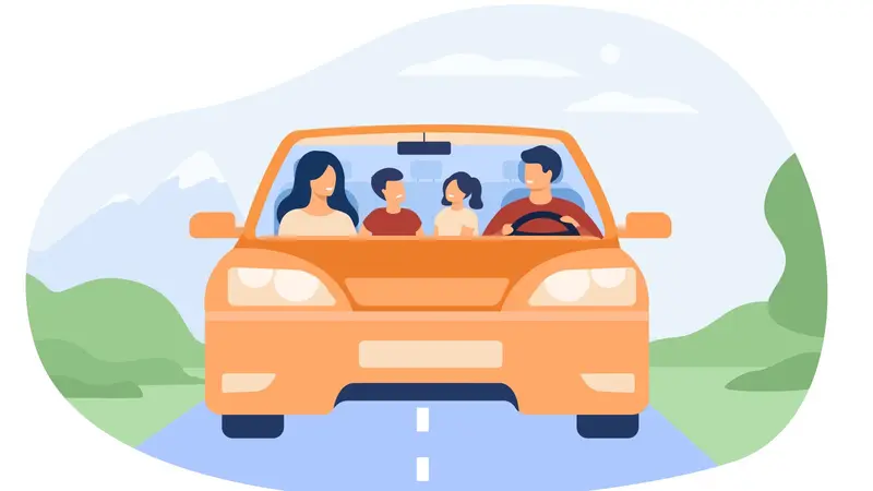 Ilustrasi mengemudi, berkendara, road trip keluarga