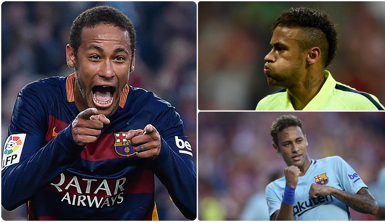 Striker asal Brasil ini kerap menampilkan selebrasi-selebrasi yang emosional saat dirinya berhasil mencetak gol dalam setiap laganya. Berikut ragam selebrasi Neymar saat mencetak gol ketika bermain di Barcelona. (kolase foto AFP)