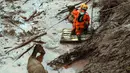 Pemadam kebakaran berusaha menyelamatkan seekor kuda dan anaknya yang terjebak lumpur setelah sebuah bendungan limbah jebol di desa Bento Rodrigues, Brasil, Jumat (6/11). (AFP PHOTO / CHRISTOPHE SIMON)