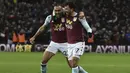 Gelandang Aston Villa, Trezeguet (kanan) berselebrasi dengan rekannya Ahmed Elmohamady setelah mencetak gol ke gawang Leicester City pada semifinal Piala Liga Inggris di Villa Park, Birmingham (28/1/2020). Trezeguet mencetak gol di menit ke-90 dan mengantar Villa menang 2-1 atas Leicester. (AP Photo