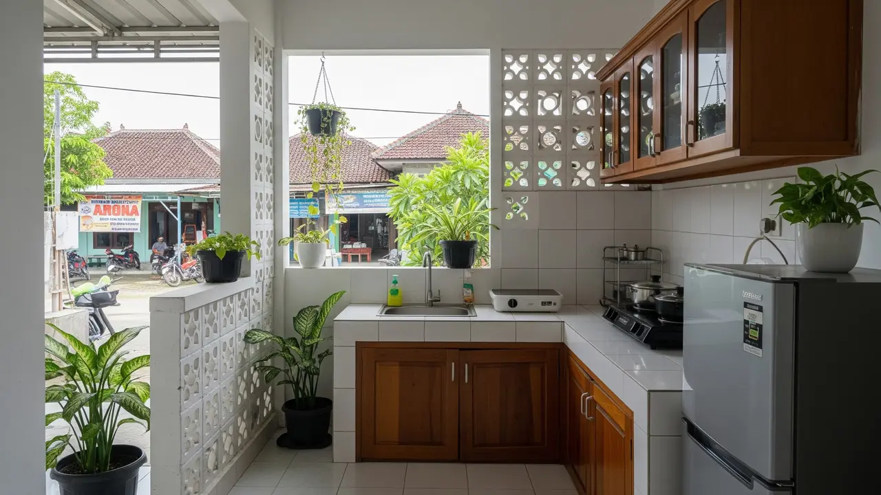 Desain Dapur Kecil Minimalis dengan Kombinasi Roster dan Tanaman
