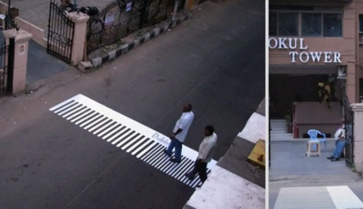 Sebagai penanda lokasi salon di Roma, Italia, dibuatlah zebra cross berbentuk sisir di jalanan depannya. (actualno.com) 
