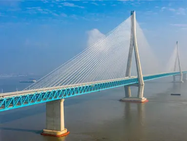 Foto dari udara menunjukkan pemandangan jembatan yang menghubungkan Nantong dan Zhangjiagang di Provinsi Jiangsu, China, Selasa (30/6/2020). Jembatan jalan raya dan kereta api kabel pancang tersebut dibuka untuk lalu lintas pada 1 Juli. (Xinhua/Li Bo)