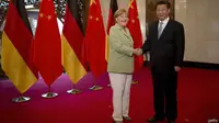 Angela Merkel bertemu Presiden Cina Xi Jinping di Beijing, China, Senin 7 Juli 2014.  