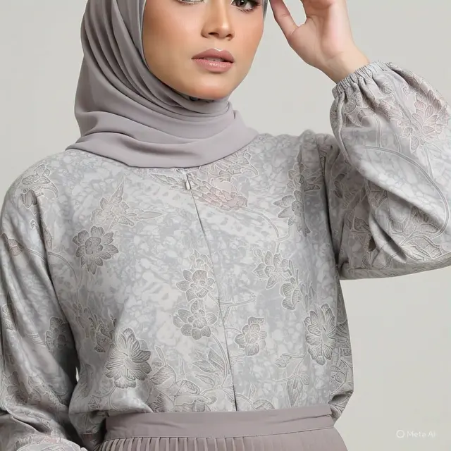 Blouse Batik Kimono Abu dengan Sabuk Kontras