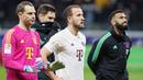 Pemain Bayern Munchen, Manuel Neuer, Harry Kane dan Eric Maxim Choupo-Moting tampak kecewa setelah ditaklukkan Eintracht Frankfurt pada laga pekan ke-13 Liga Jerman 2023/2024 di Stadion Deutsche Bank Park, Sabtu (9/12/2023). (AFP/Daniel Roland)
