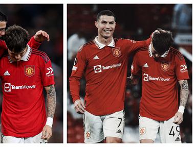 ayap kiri Manchester United asal Argentina berusia 18 tahun, Alejandro Garnacho baru saja mengukir sejarah dalam kariernya saat tampil sebagai starter dalam laga matchday ke-5 Liga Europa 2022/2023 menghadapi Sheriff Tiraspol di Old Trafford Stadium, Jumat (29/10/2022) dini hari WIB. Lebih membanggakan lagi, ia tampil bareng dengan Cristiano Ronaldo yang begitu ia idolakan. (Kolase twitter@manutd)