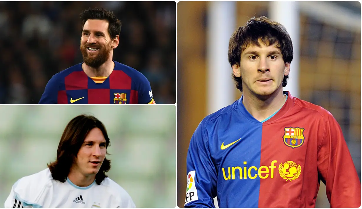 Bintang Barcelona, Lionel Messi, ternyata memiliki banyak perubahan gaya dan fisik selama 12 tahun berkarier di dunia sepak bola. Berikut perubahan wajah Lionel Messi dari 12 tahun lalu sampai sekarang. (kolase foto AFP)