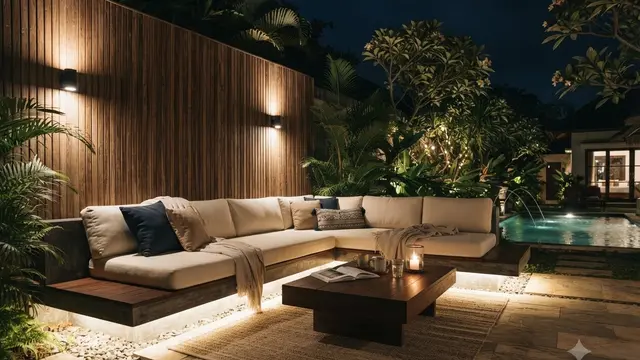Area Santai Outdoor dengan Lampu Warm White