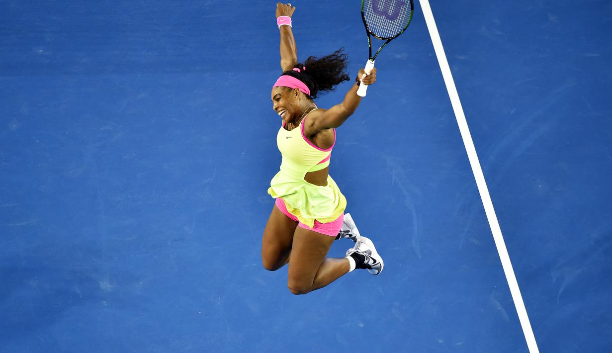 Ekspresi Serena Williams sesaat setelah meraih gelar juara Australia Terbuka 2015 dengan mengalahkan Maria Sharapova. (EPA/JOE CASTRO)