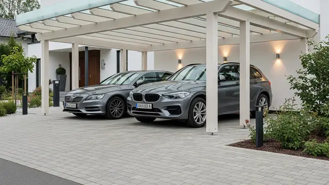 Model Carport Mewah Dua Mobil dengan Atap Kaca Tempered Tebal