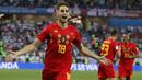 Gelandang Belgia, Adnan Januzaj, merayakan gol yang dicetaknya ke gawang Inggris pada laga grup G Piala Dunia di Stadion Kaliningrad, Kaliningrad, Rabu (28/6/2018). Belgia menang 1-0 atas inggris. (AP/Alastair Grant)
