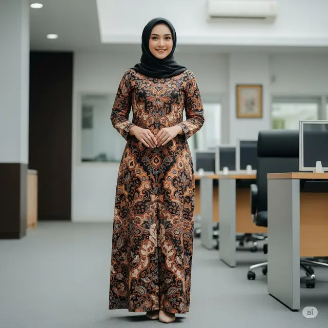 Model Baju Batik Kantor Wanita Berjilbab Modern. Foto: Gemini