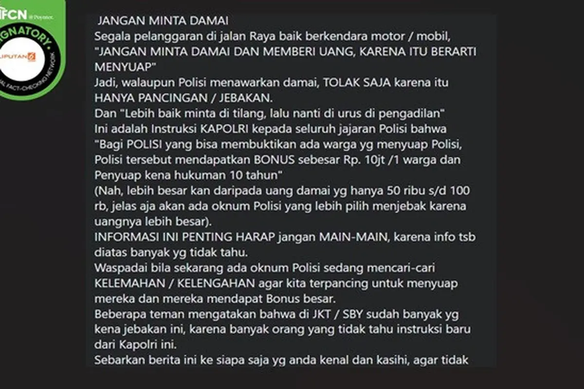 Beredar kabar adanya bonus sebesar Rp 10 juta bagi anggota polisi yang berhasil membuktikan praktik suap saat menilang kendaraan bermotor. (sumber: Facebook)