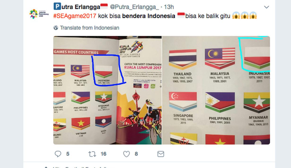Protes netizen lewat akun twitter atas kesalahan cetak bendera Merah-Putih pada buku Opening Ceremony SEA Games 2017 di Kuala Lumpur, Malaysia (20/8/2017). Indonesia melalui Kementrian Luar Negeri mengajukan note protes. (Bola.com/Twitter/Putra Erlangga)