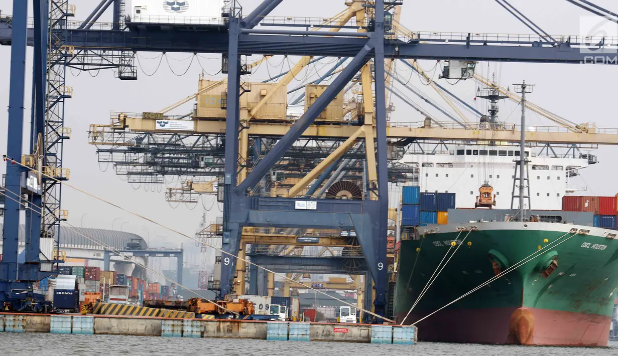 Suasana aktivitas bongkar muat barang ekspor impor di Pelabuhan Tanjung Priok, Jakarta, Senin (17/7). Badan Pusat Statistik (BPS) melaporkan kinerja ekspor dan impor Indonesia mengalami susut signifikan di Juni 2017. (Liputan6.com/Angga Yuniar)