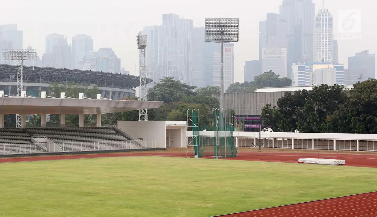 Penampakan venue cabang atletik untuk gelaran Asian Games 2018 di kawasan GBK, Jakarta, Selasa (7/8). Sejumlah venue sudah siap untuk menggelar berbagai pertandingan cabang olahraga selama Asian Games 2018. (Liputan6.com/Immanuel Antonius)