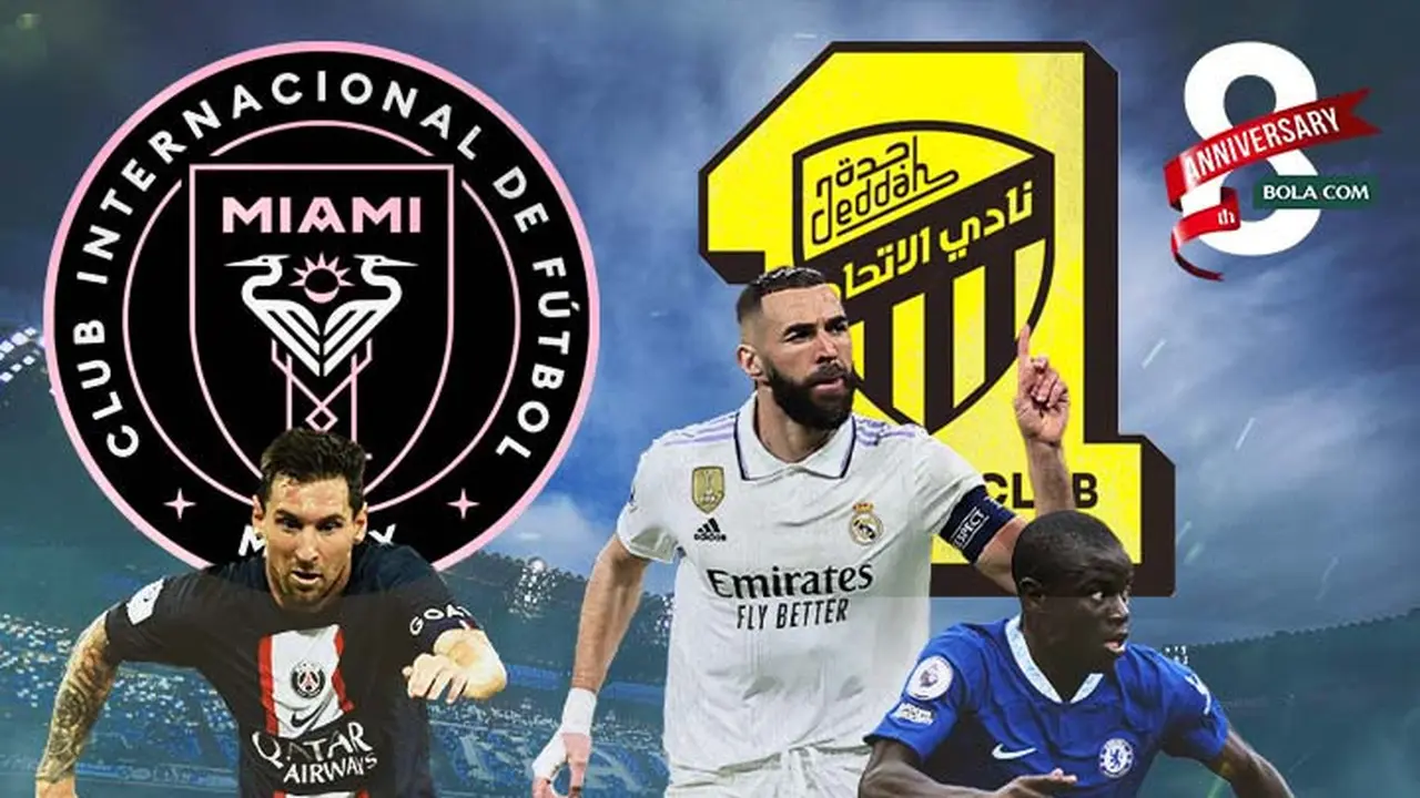 Ilustrasi - Lionel Messi dan Logo Inter Miami, Karim Benzema dan N'Golo Kante Logo Al-Ittihad