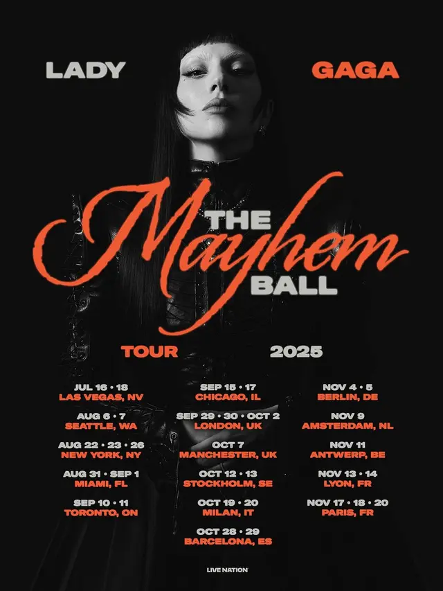 Tangkapan layar Instagram Lady Gaga yang mengumumkan turnya dalam sebuah poster yang bertajuk The Mayhem Ball Tour 2025. (Sumber: Instagram/ladygaga)