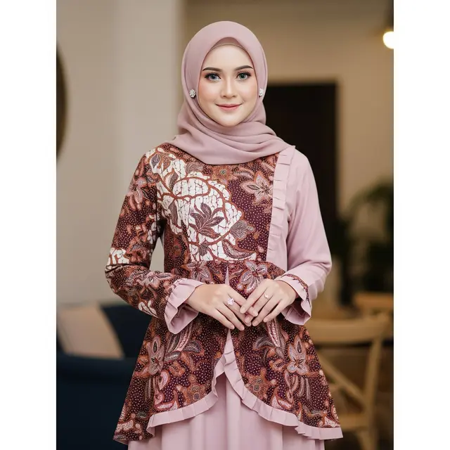 Gamis Batik dengan Aksen Ruffle