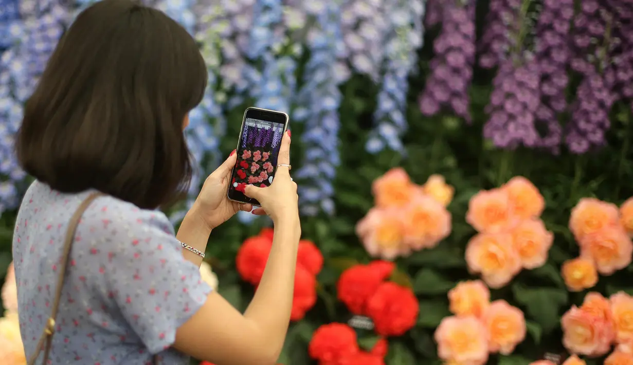 Pengunjung mengambil gambar rangkaian bunga yang dipamerkan pada RHS (Royal Horticultural Society) Chelsea Flower Show, London, Senin (21/5). Festival tahunan ini yang diadakan selama lima hari pada bulan Mei. (Daniel LEAL-OLIVAS/AFP)