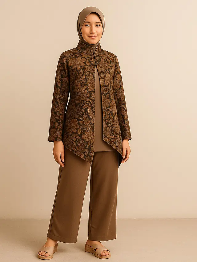 Model Cardigan Batik Asimetris/Ilustrasi Gambar AI
