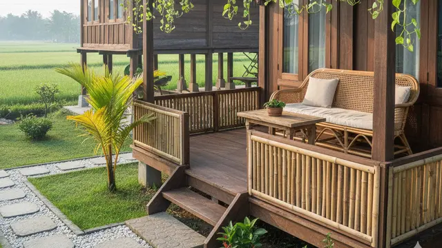 Desain Teras Rumah dengan Taman Mini di Desa. AI
