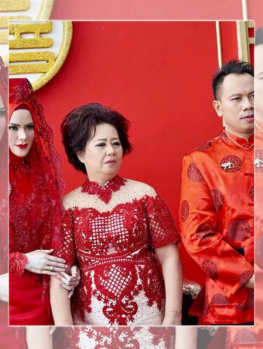 Potret kebahagiaan pada pasangan pengantin baru ini. Keduanya  terlihat kompak dengan busana merah-merah. (Instagram/vickyprasetyo777)