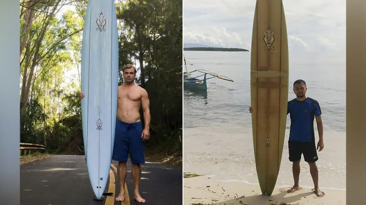 Papan selancar milik Doug Falter (kiri) yang hilang di Hawaii, ditemukan oleh Giovanne Branzuela (kanan) di Filipina. (Photo: AFP/BRENT BIELMAN/COURTESY OF GIOVANNE BRANZUELA)