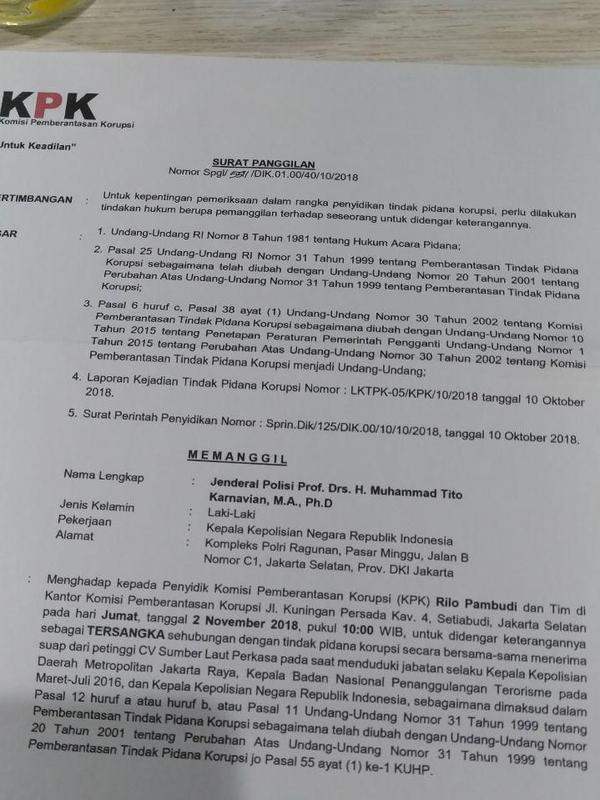 Surat pemanggilan palsu KPK untuk Kapolri Jenderal Tito Karnavian (istimewa)